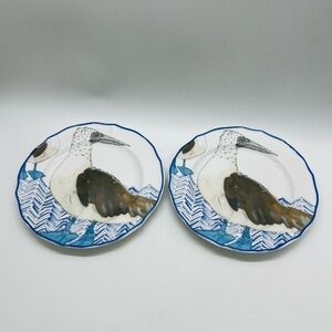 Anthropologie Set of 2 Blue and White Booby Bird Plates 8.25” NWT